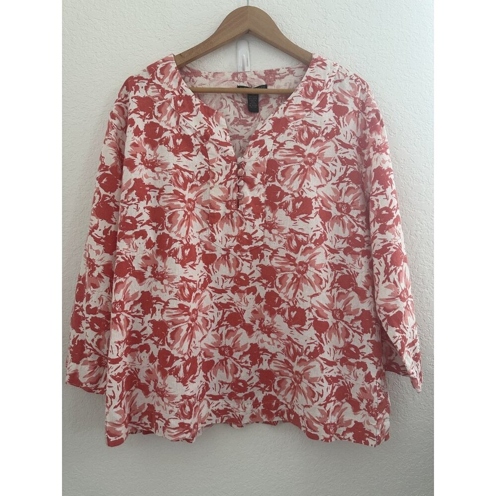 Sherry Taylor Shirt Womens 2X Linen Blend Floral 3/4 Sleeve‎ Button Boho Cottage